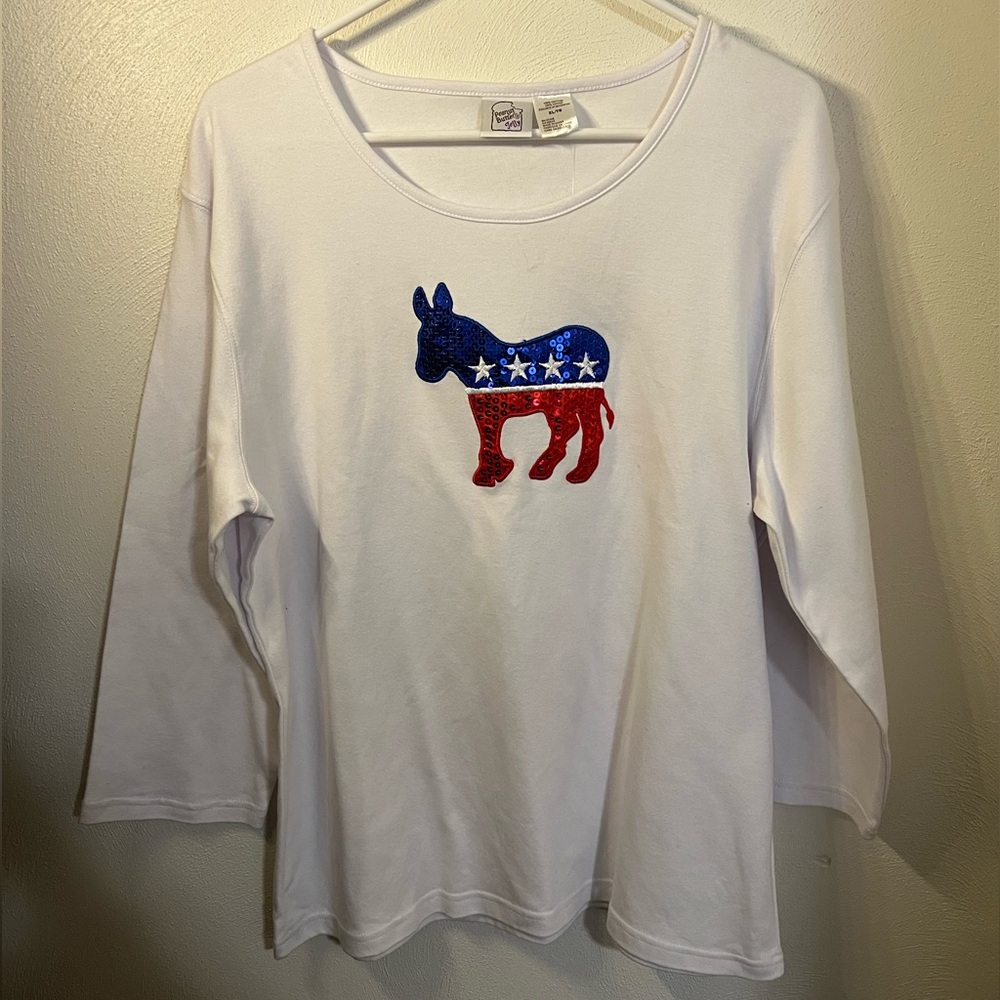 PEANUT BUTTER & JELLY 3/4 Sleeve‎ Sequined Democrat Donkey Shirt Red White Blue